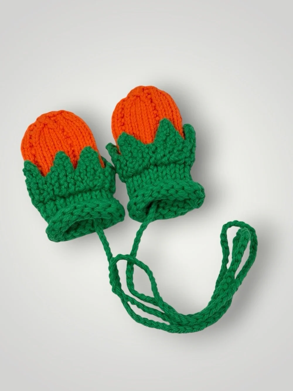 Hand-Knit Orange & Green Kids Mittens with Attached String 0-12 Months